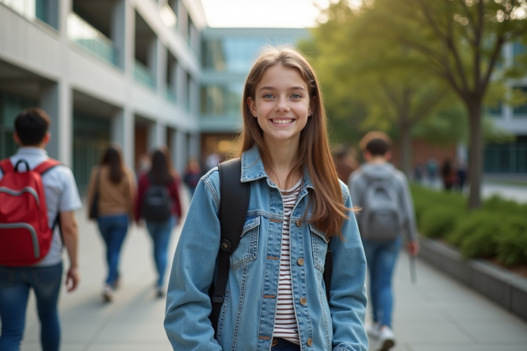 Jeune fille souriante en extérieur devant universite