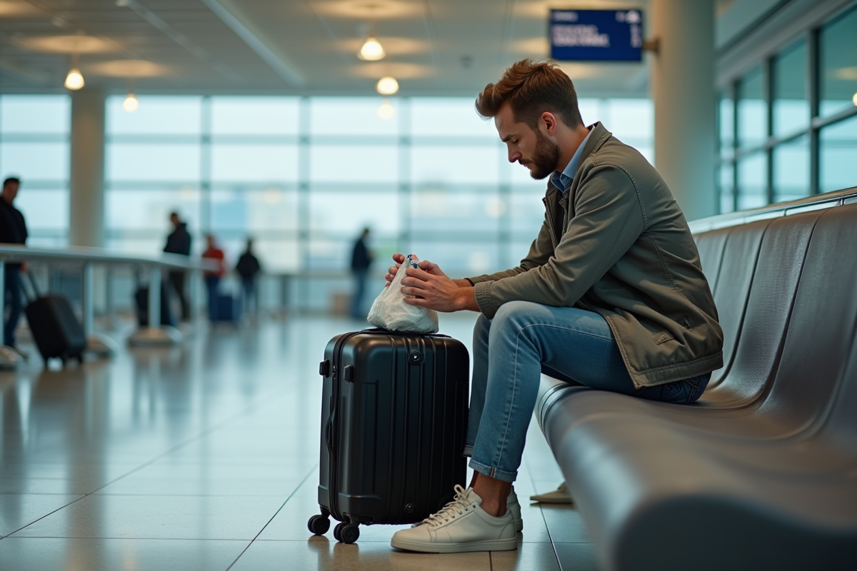 Jeune homme vérifiant ses liquides après vol à l aéroport
