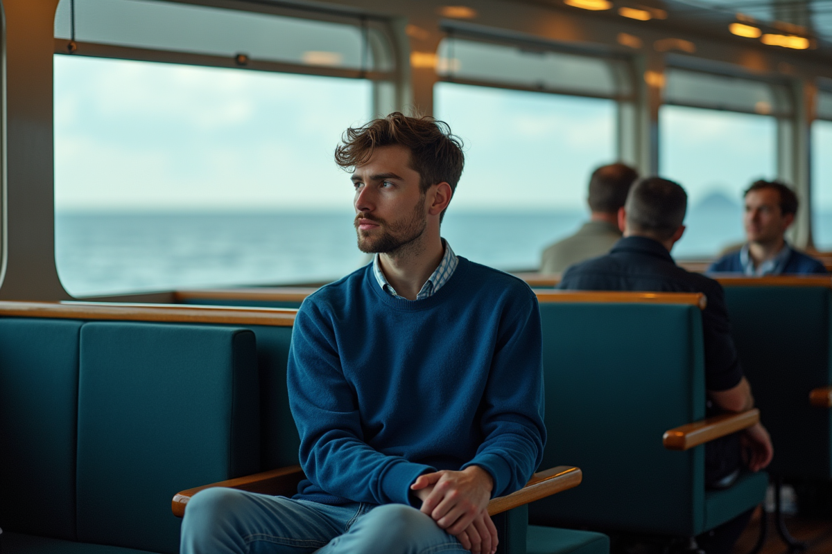 Jeune homme regardant par la fenêtre du ferry