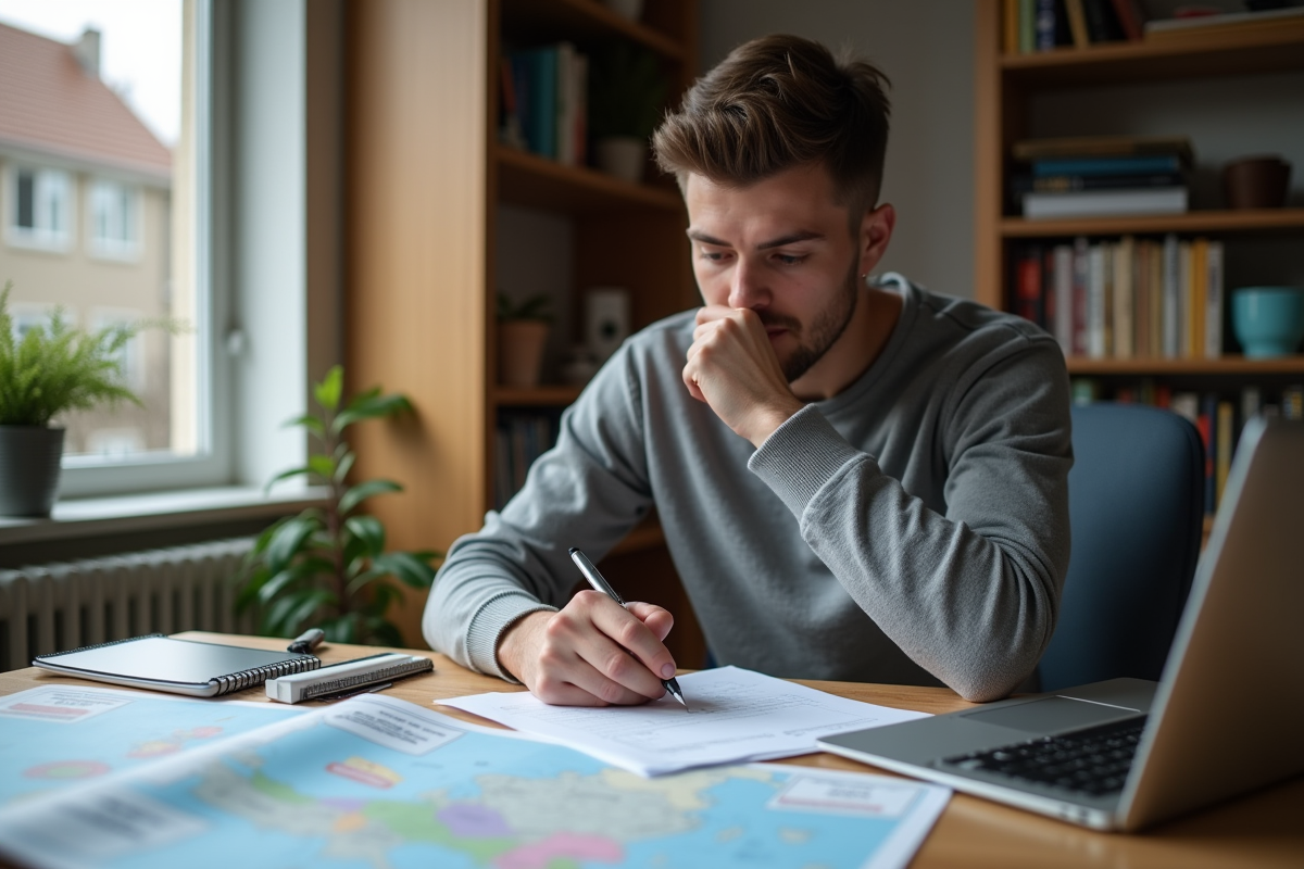 Jeune homme remplissant un formulaire de visa à la maison