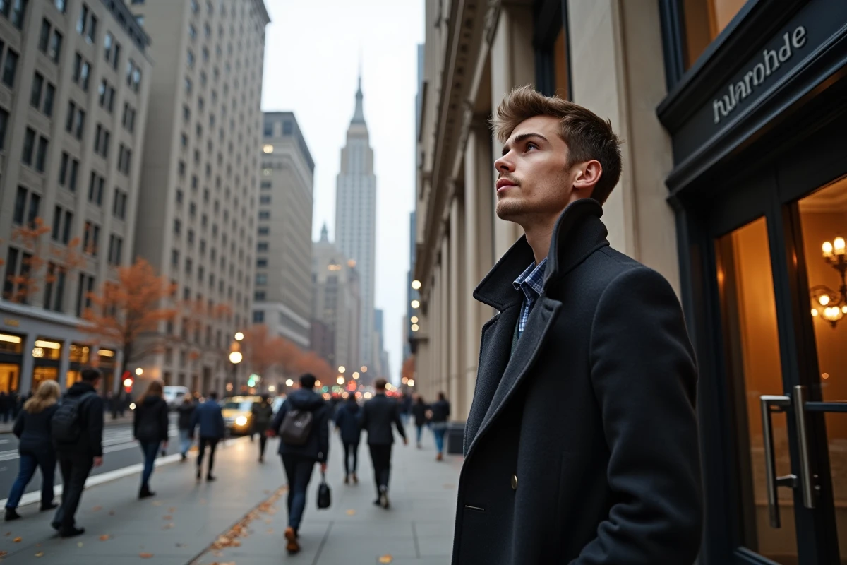 Jeune homme regardant la spire gothique du Woolworth Building