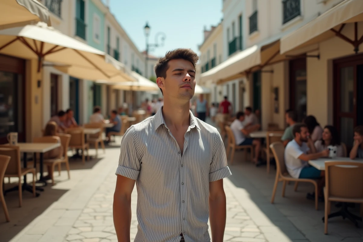 Jeune homme yawnant pr&egrave;s des stands vides du march&eacute; t&ocirc;t le matin