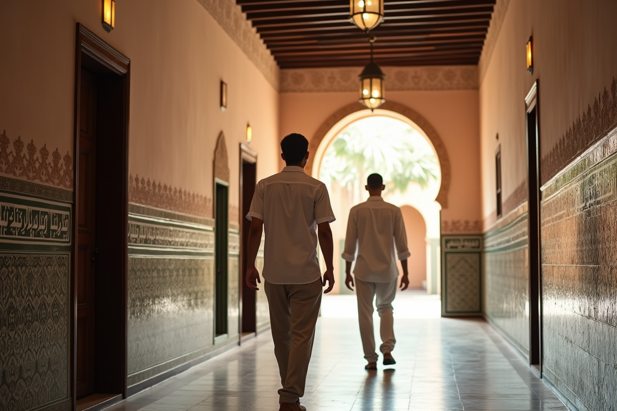 Jeune homme marocain dans un couloir de riad à Marrakech