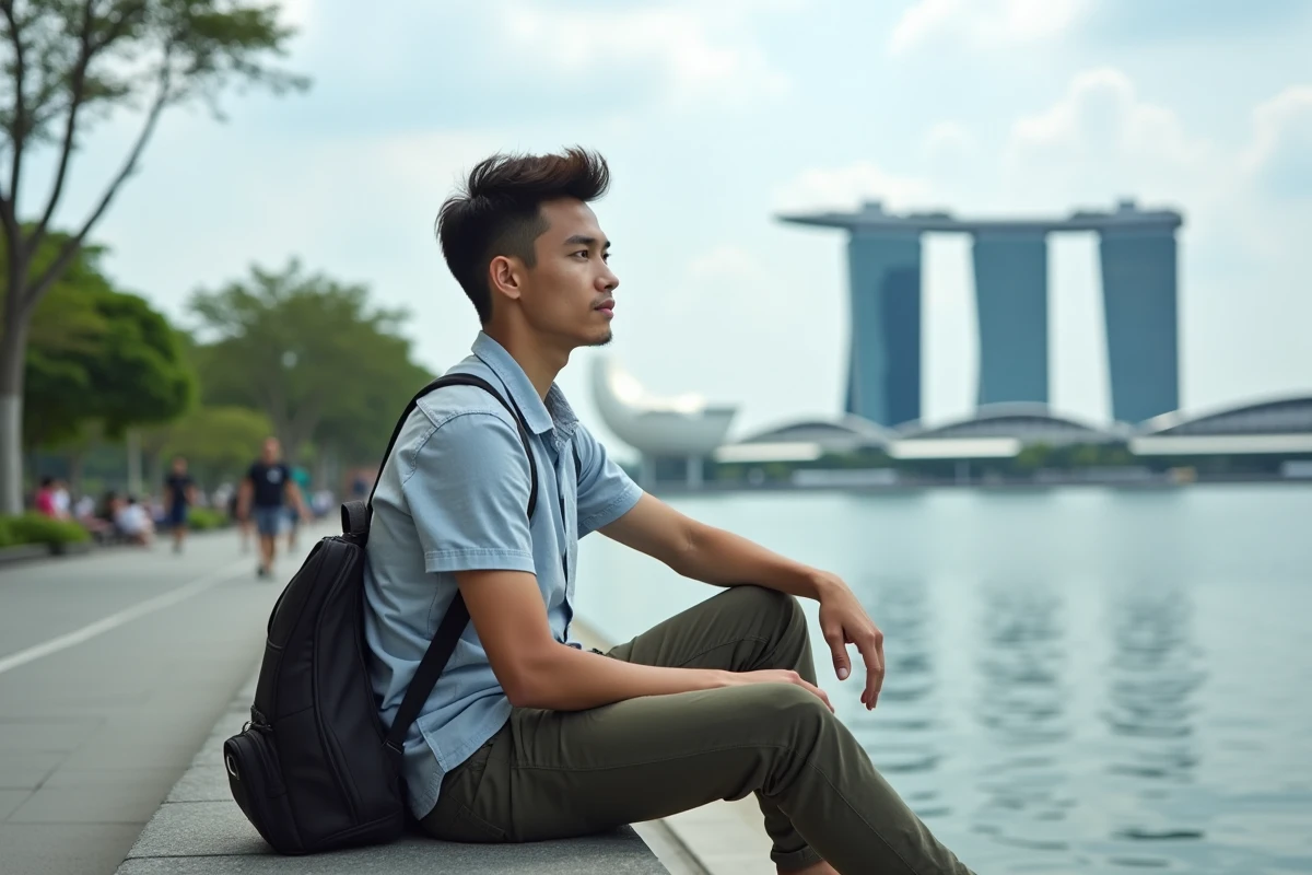 Jeune homme contemplant la skyline de Singapour