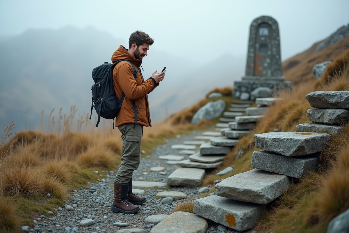 Jeune homme photographiant des pierres sur un chemin ancien