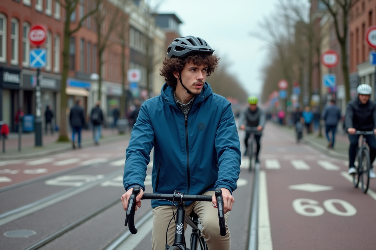 Jeune homme à vélo observant la signalisation urbaine à Amsterdam