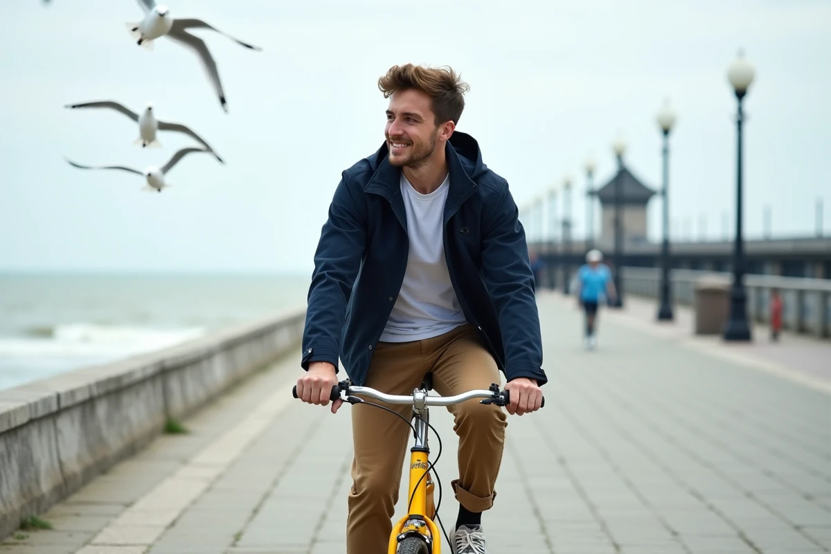 Jeune homme à vélo jaune le long de la côte