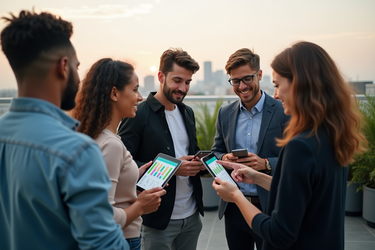 Groupe de jeunes adultes discutant avec tablettes numériques