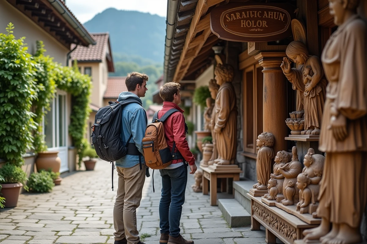 Jeunes hommes admirant des sculptures en bois