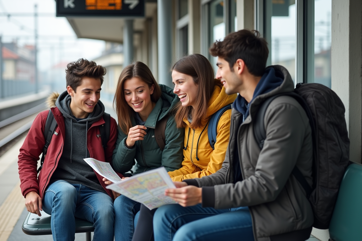 Jeunes voyageurs sur un quai de train en Europe