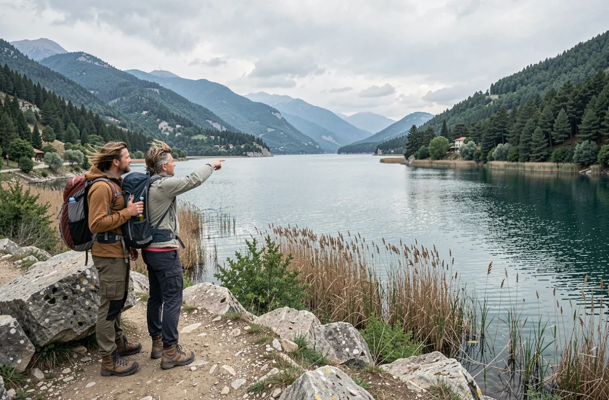 Randonneurs contemplant le lac Prespa depuis un sentier de montagne en Macédoine grecque