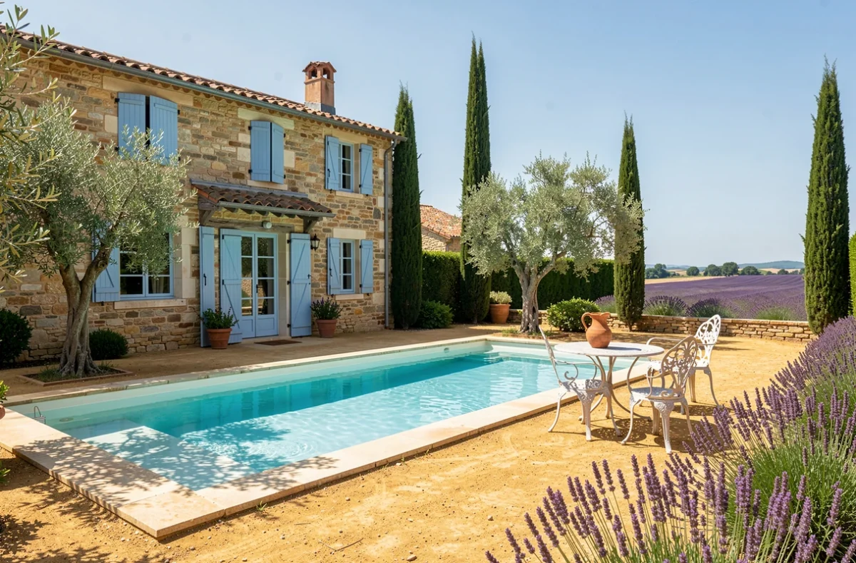 Les Clefs de Provence avec mas en pierre, piscine rectangulaire et décor de lavande dans la Drôme