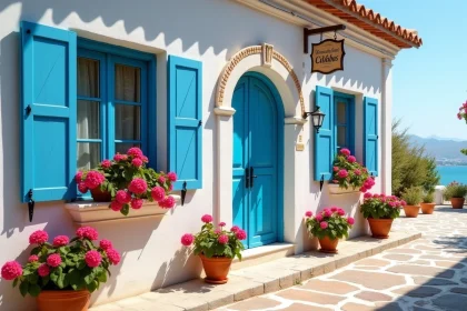 Façade d'une maison d'hôtes blanchie à la chaux avec volets bleus et bougainvilliers à Chalki, Grèce