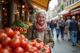 Femme souriante choisissant des tomates au marché de Fort Mahon