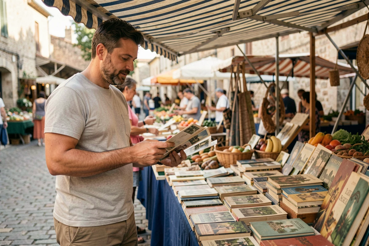 Homme parcourant les étals d'un marché de plein air à Montauban, feuilletant des cartes postales vintage lors d'un week-end pas cher