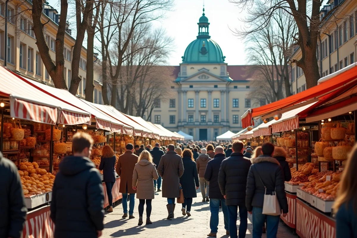 Marché de plein air animé sur une place historique d'une ville allemande peu touristique avec hôtel de ville baroque
