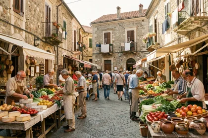 Marché traditionnel animé de Corleone en Sicile avec vendeurs locaux et étals de produits frais sur une piazza pavée