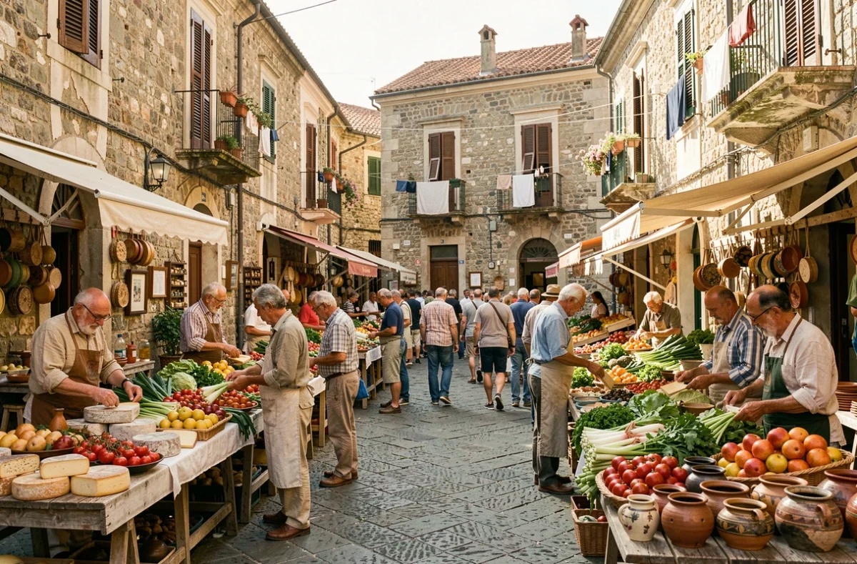 Marché traditionnel animé de Corleone en Sicile avec vendeurs locaux et étals de produits frais sur une piazza pavée