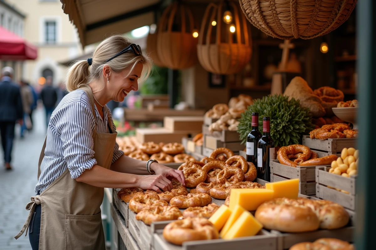 Marchande proposant des spécialités alsaciennes comme les bretzels et le Riesling sur un marché traditionnel du Bas-Rhin