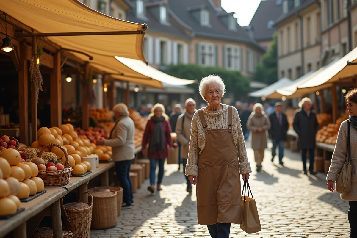 Marché traditionnel normand sur une place de village avec étals de fromages et producteurs locaux