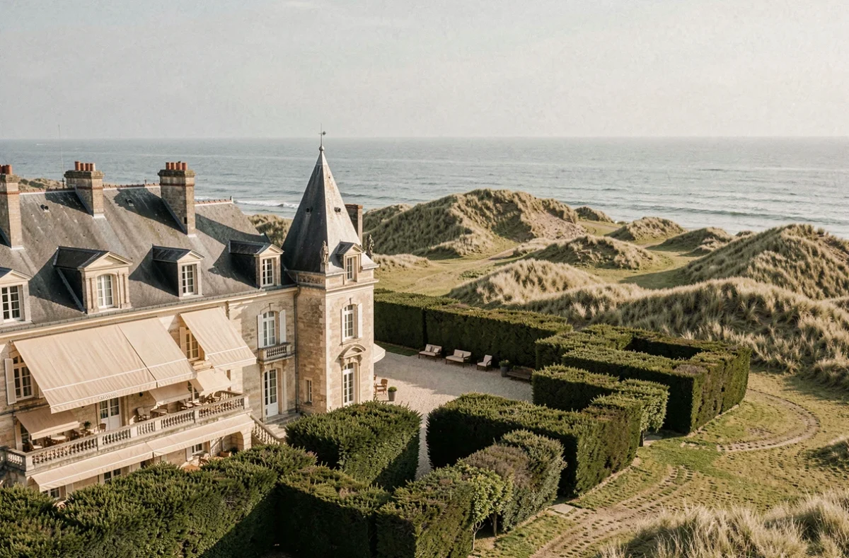 Vue panoramique sur un élégant hôtel de bord de mer en Loire-Atlantique avec l'Atlantique en arrière-plan