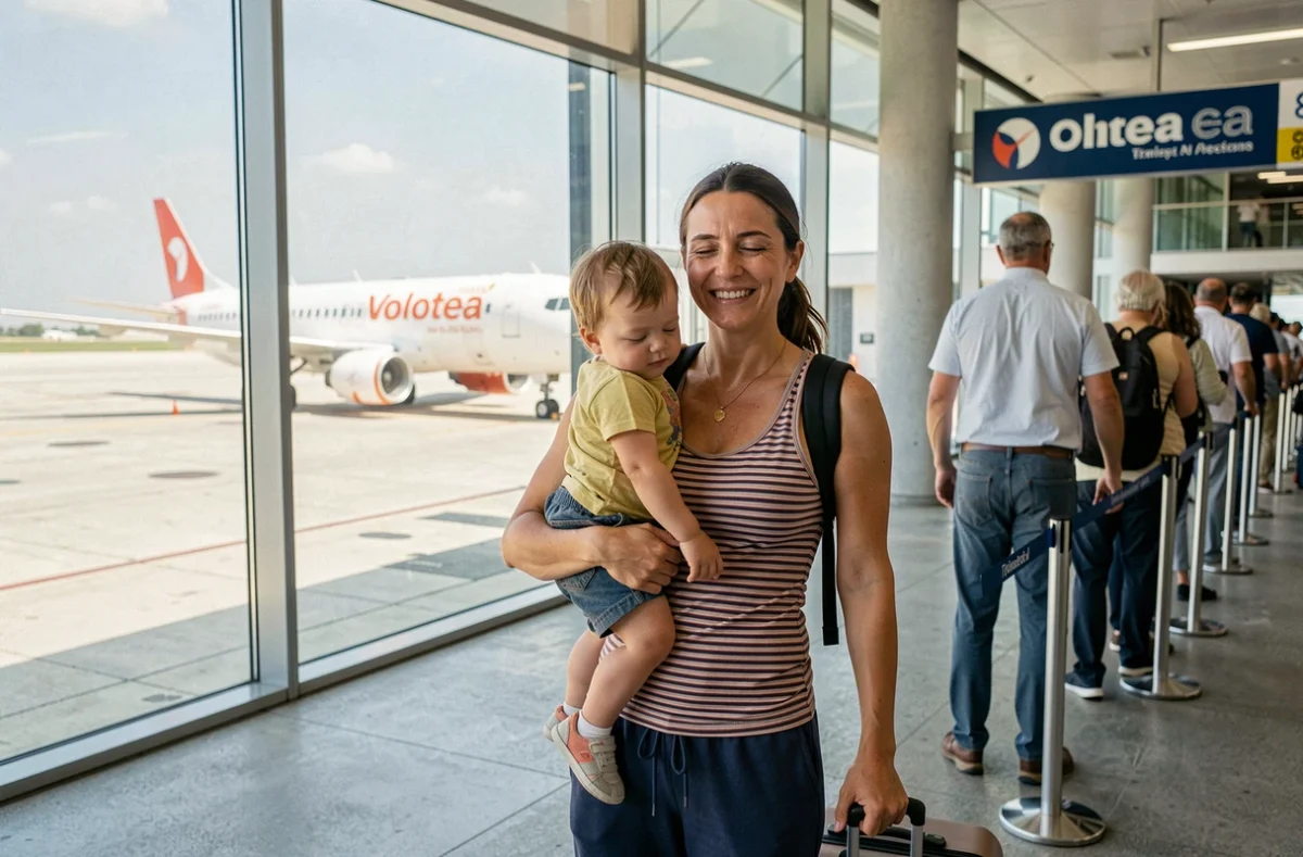 Mère avec un enfant endormi dans la file d'embarquement prioritaire d'un vol Volotea en aéroport régional