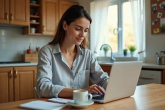 Une mère de famille recherche des vols pas chers sur Google Flights depuis sa cuisine, assise devant un ordinateur portable avec un carnet de notes
