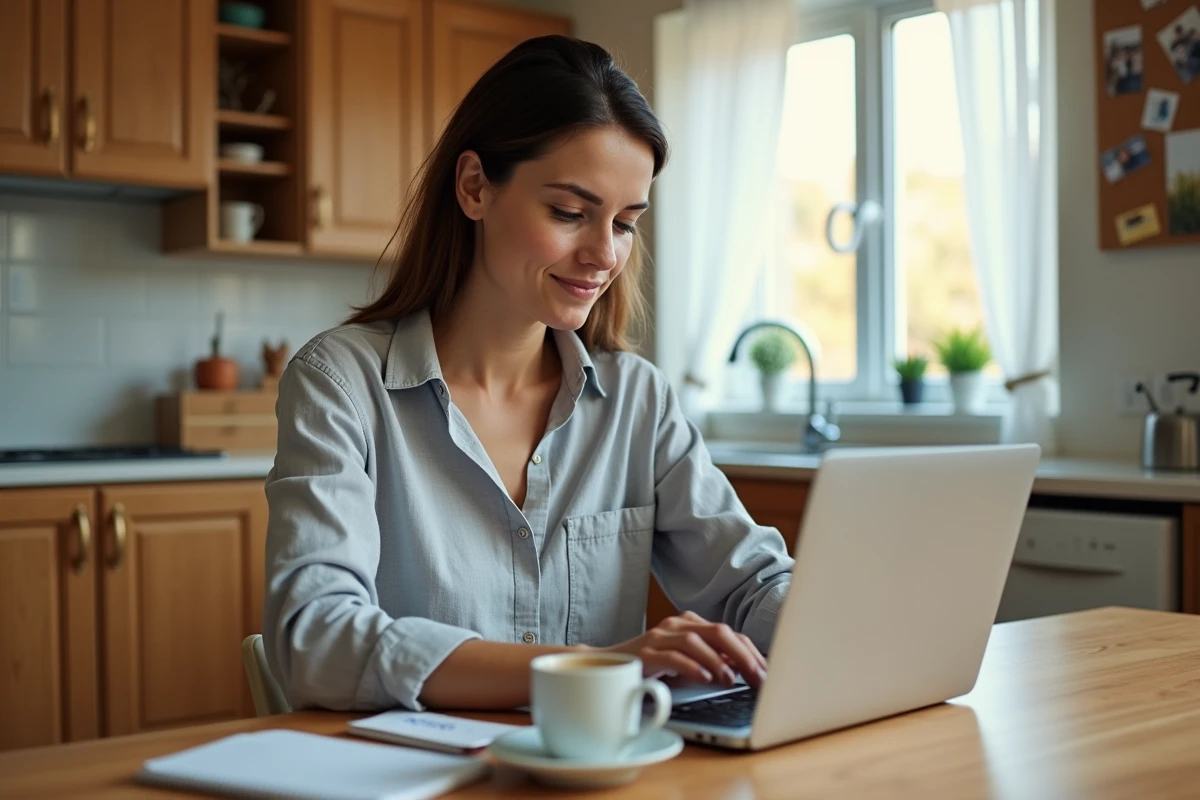 Une mère de famille recherche des vols pas chers sur Google Flights depuis sa cuisine, assise devant un ordinateur portable avec un carnet de notes