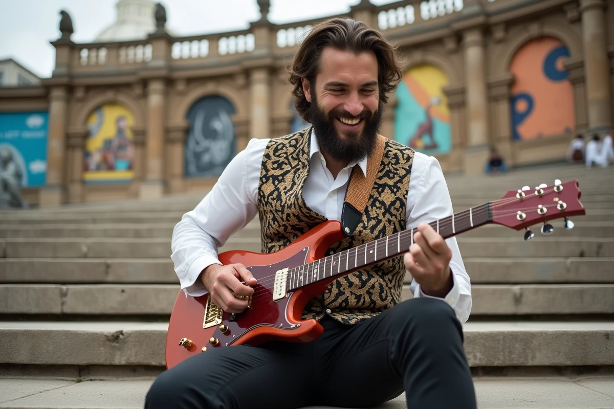 Homme avec veste brocade jouant de la guitare en ville