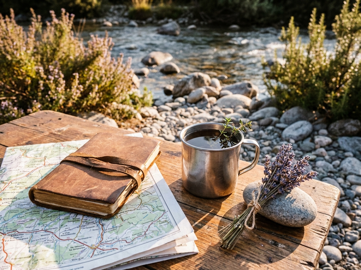 Nature morte de camping en Provence avec carnet de voyage, carte topographique, tasse en métal et lavande sur une table en bois au bord d'une rivière