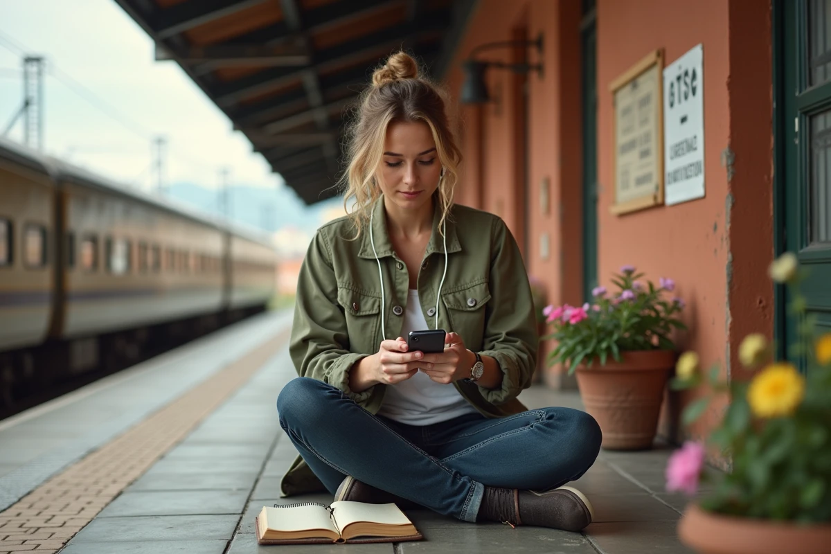 Nomade numérique connectée sur un quai de gare régionale en Europe du Sud avec carnet de voyage et smartphone