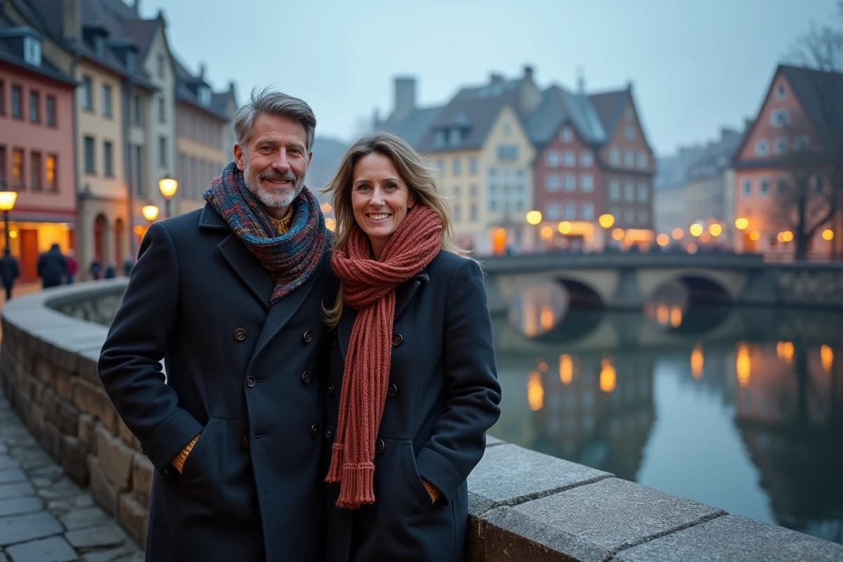 Couple en tenue hivernale élégante sur le Barrage Vauban à Strasbourg avec vue sur les maisons de la Petite France reflétées dans l'Ill pour le Nouvel An