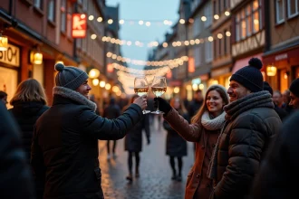 Fête du Nouvel An à Strasbourg dans les rues pavées de la Grande Île avec des passants en manteaux d'hiver et décorations festives alsaciennes