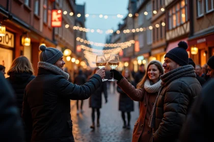 Fête du Nouvel An à Strasbourg dans les rues pavées de la Grande Île avec des passants en manteaux d'hiver et décorations festives alsaciennes