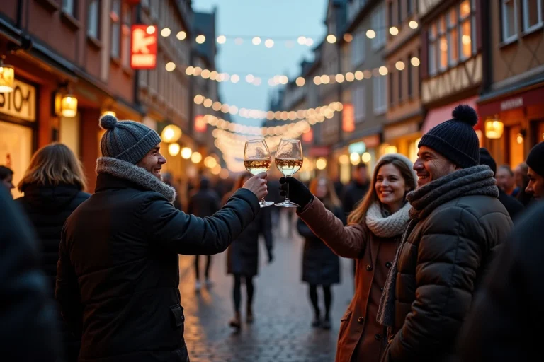 Fête du Nouvel An à Strasbourg dans les rues pavées de la Grande Île avec des passants en manteaux d'hiver et décorations festives alsaciennes