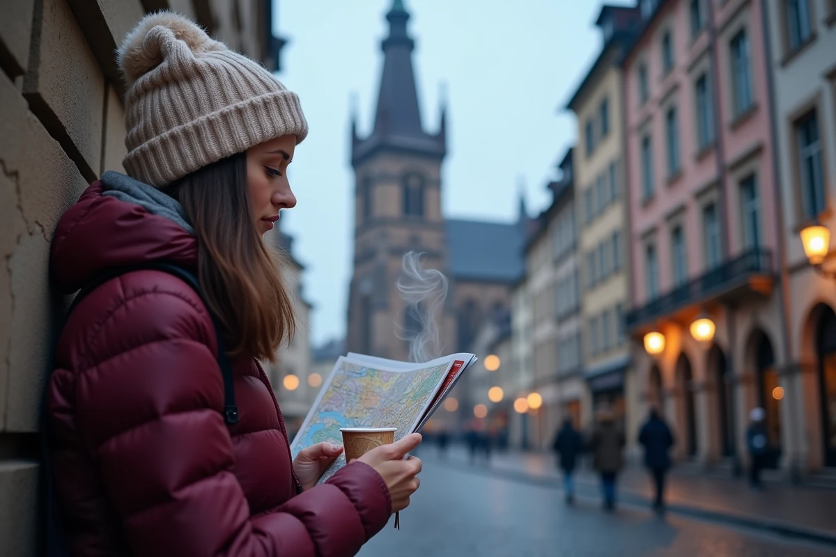 Jeune femme consultant une carte de Strasbourg près de la cathédrale Notre-Dame avec un verre de vin chaud pour préparer sa soirée du Nouvel An