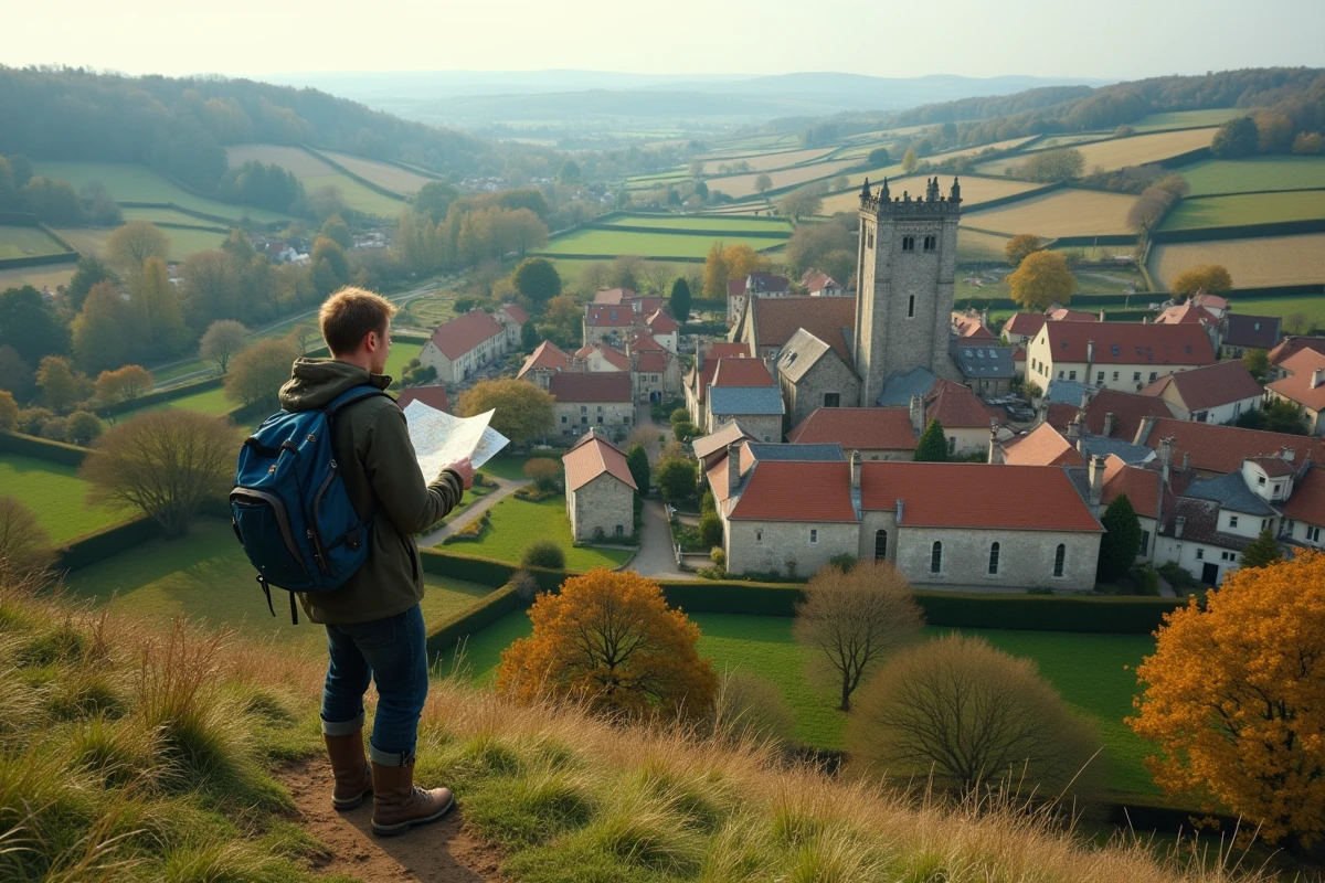 Vue panoramique d'un village normand dans une vallée verdoyante entourée de vergers en automne