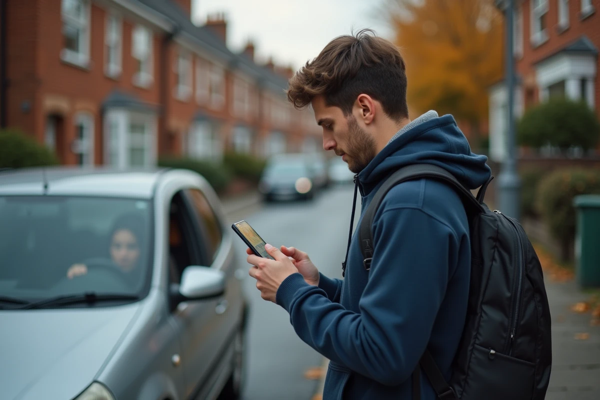 Un passager en covoiturage vérifiant son itinéraire sur smartphone avant de monter dans une voiture