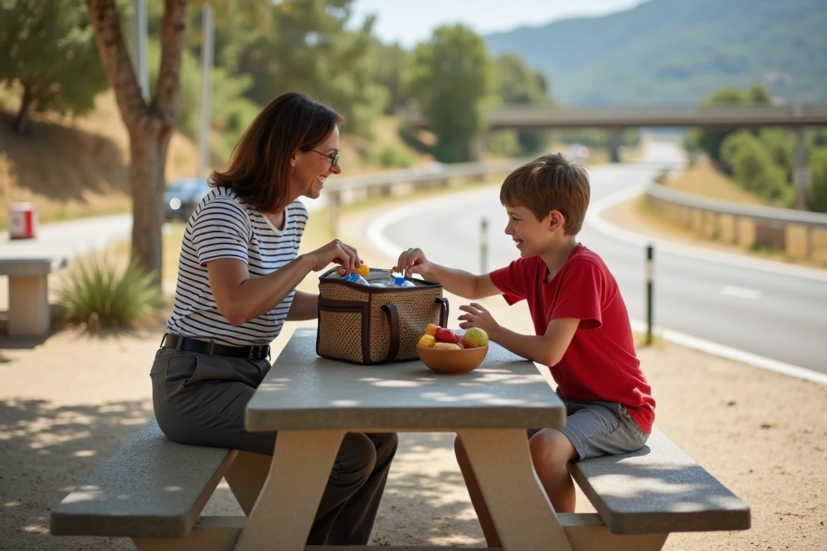 Mère et enfant faisant une pause pique-nique à une aire de repos autoroutière en Espagne