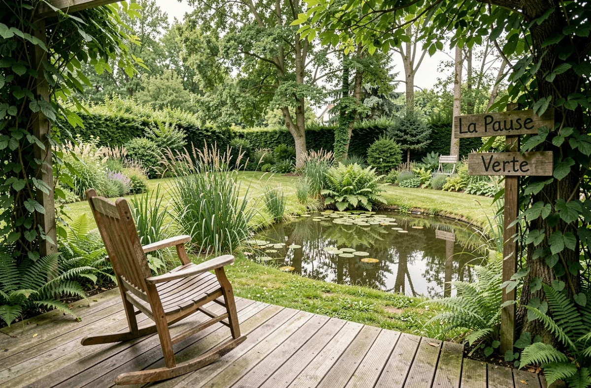 Terrasse en bois et jardin naturel verdoyant de la chambre d'hôtes La Pause Verte à Livry-Gargan