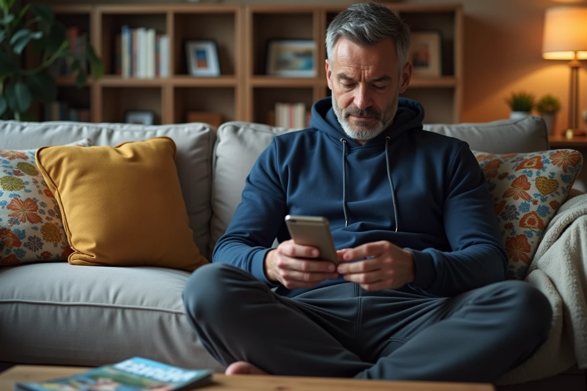 Un père de famille compare les prix de vols sur Google Flights depuis son smartphone, assis confortablement dans son salon avec des photos de vacances en arrière-plan