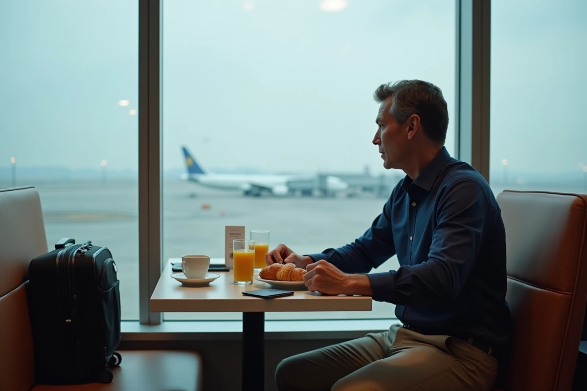 Voyageur d'affaires prenant un petit-déjeuner tôt le matin dans un hôtel près de l'aéroport de Gatwick avant son vol
