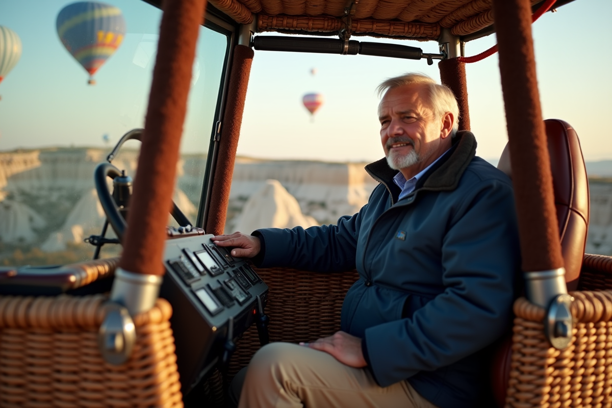 Pilote de ballon en cabine avec paysages de Cappadocia