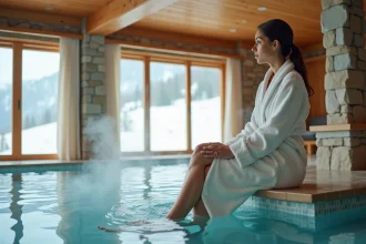 Femme en peignoir au bord d'une piscine intérieure dans un appartement chalet aux Menuires avec vue sur les pistes enneigées