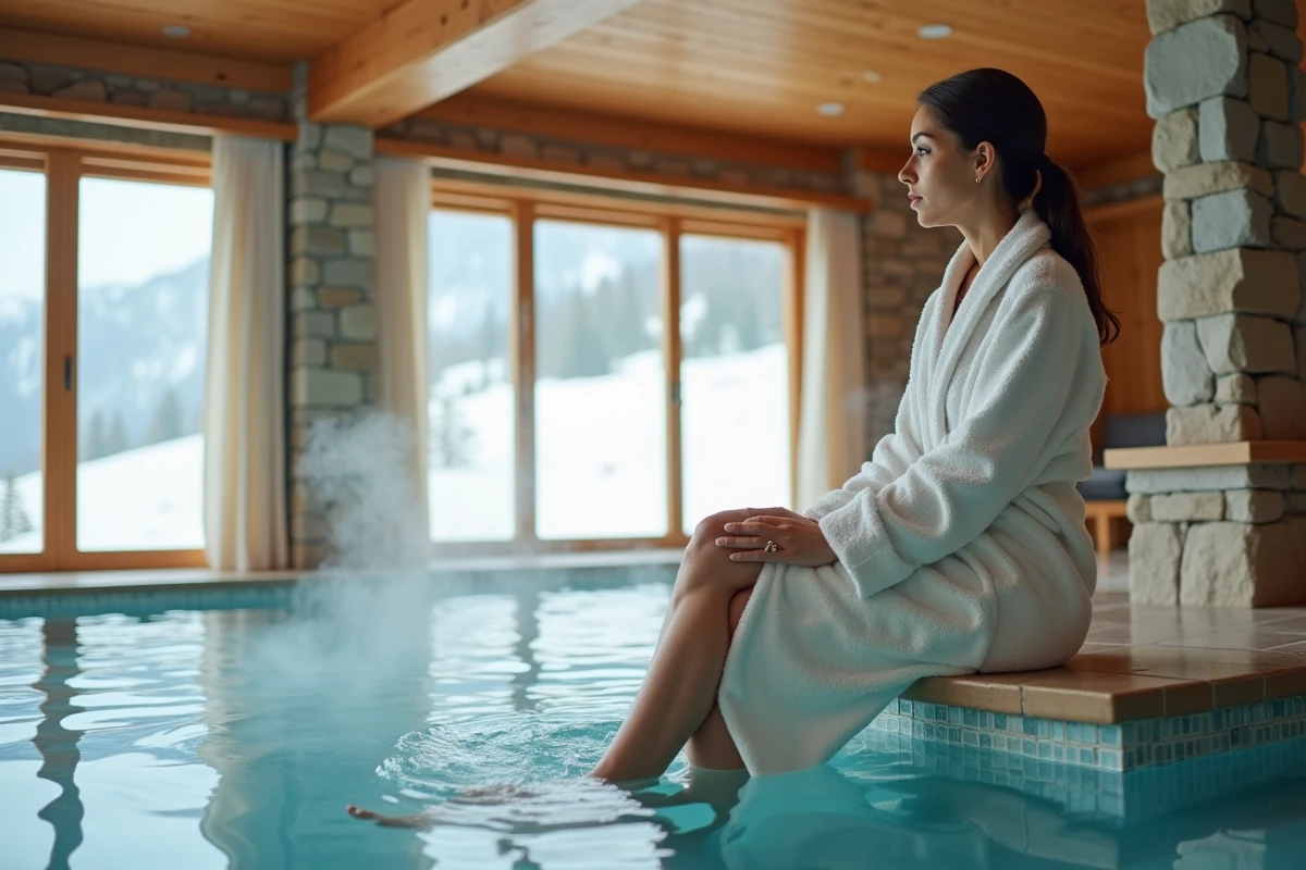Femme en peignoir au bord d'une piscine intérieure dans un appartement chalet aux Menuires avec vue sur les pistes enneigées