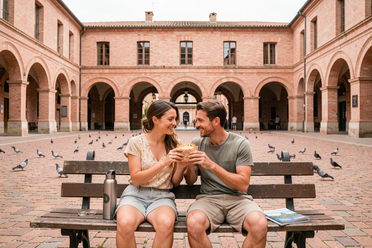Couple pique-niquant sous les arcades de la Place Nationale de Montauban lors d'un week-end touristique économique