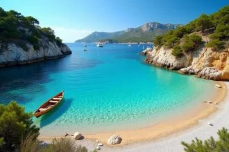 Plage de Cala d'Orzu en Corse avec eau turquoise et falaises de granit couvertes de maquis