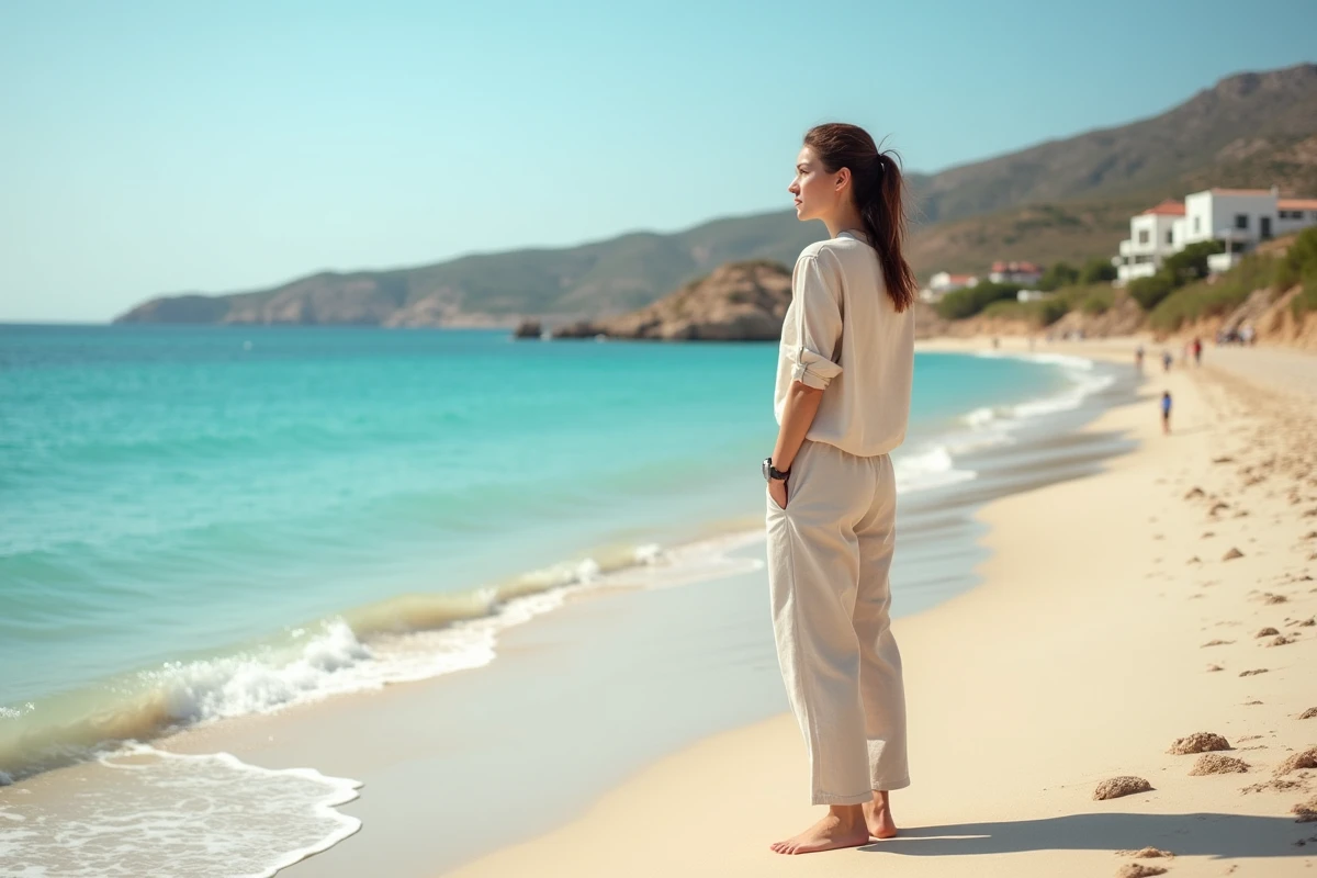 Femme se promenant seule sur une plage déserte près d'Héraklion au printemps, mer turquoise calme et bâtiments blancs en arrière-plan