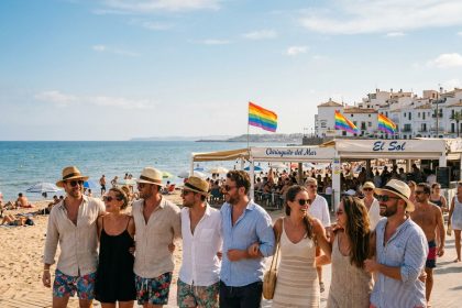 Groupe d'amis adultes sur la promenade de la plage de Sitges avec drapeaux arc-en-ciel et ambiance festive LGBTQ+