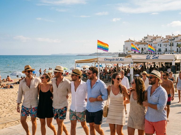 Groupe d'amis adultes sur la promenade de la plage de Sitges avec drapeaux arc-en-ciel et ambiance festive LGBTQ+